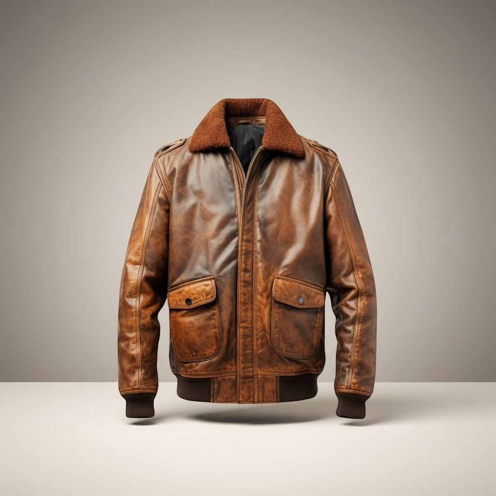 Scarlett Stitch Men's distressed brown faux leather bomber jacket with shearling collar and flap pockets.