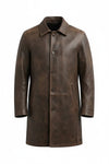 Scarlett Stitch men's distressed brown leather car coat with a structured collar and button-front closure.