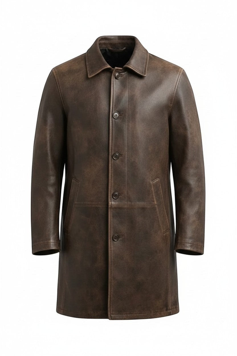 Scarlett Stitch men's distressed brown leather car coat with a structured collar and button-front closure.