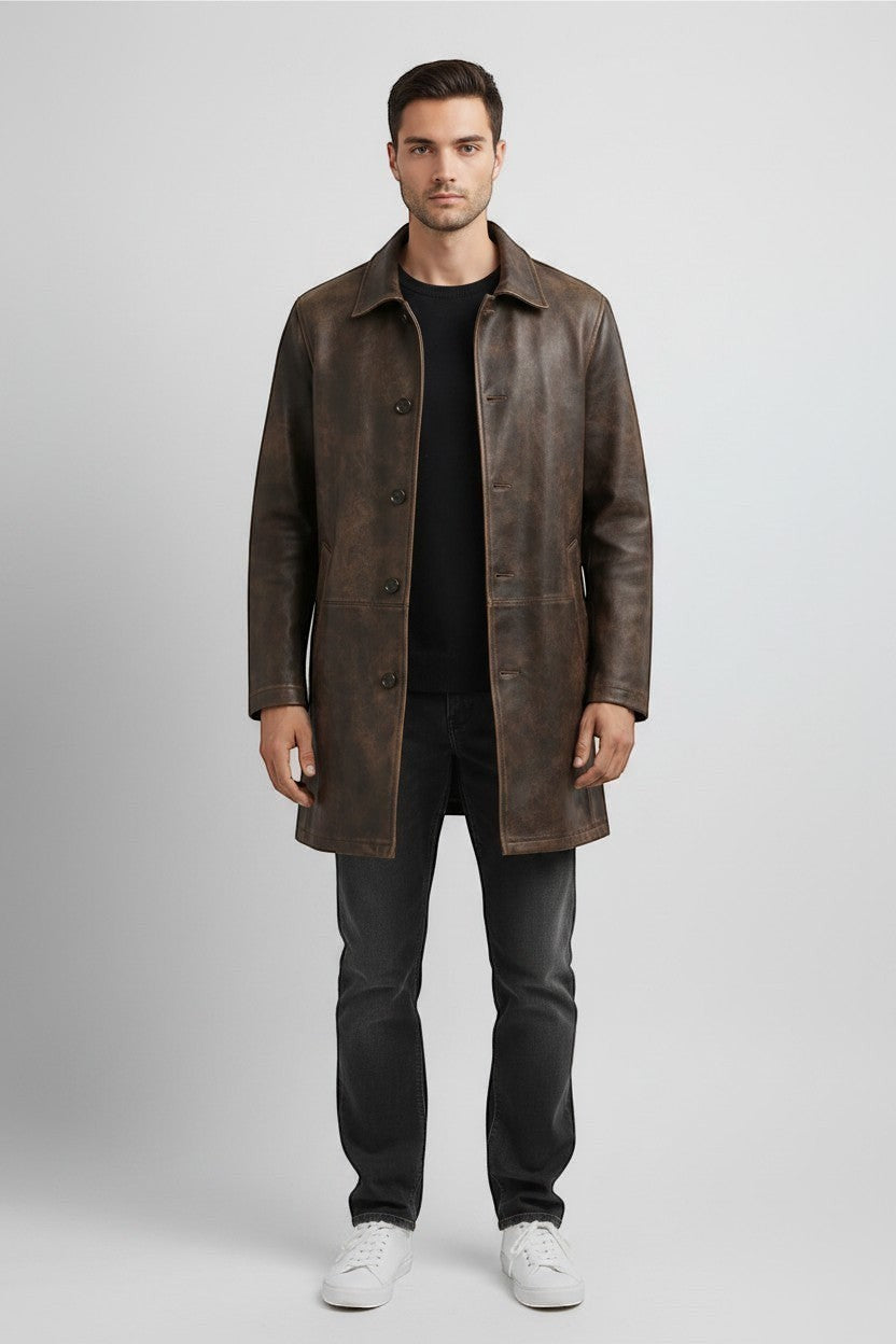 Scarlett Stitch men's distressed brown leather car coat with a structured collar and button-front closure.