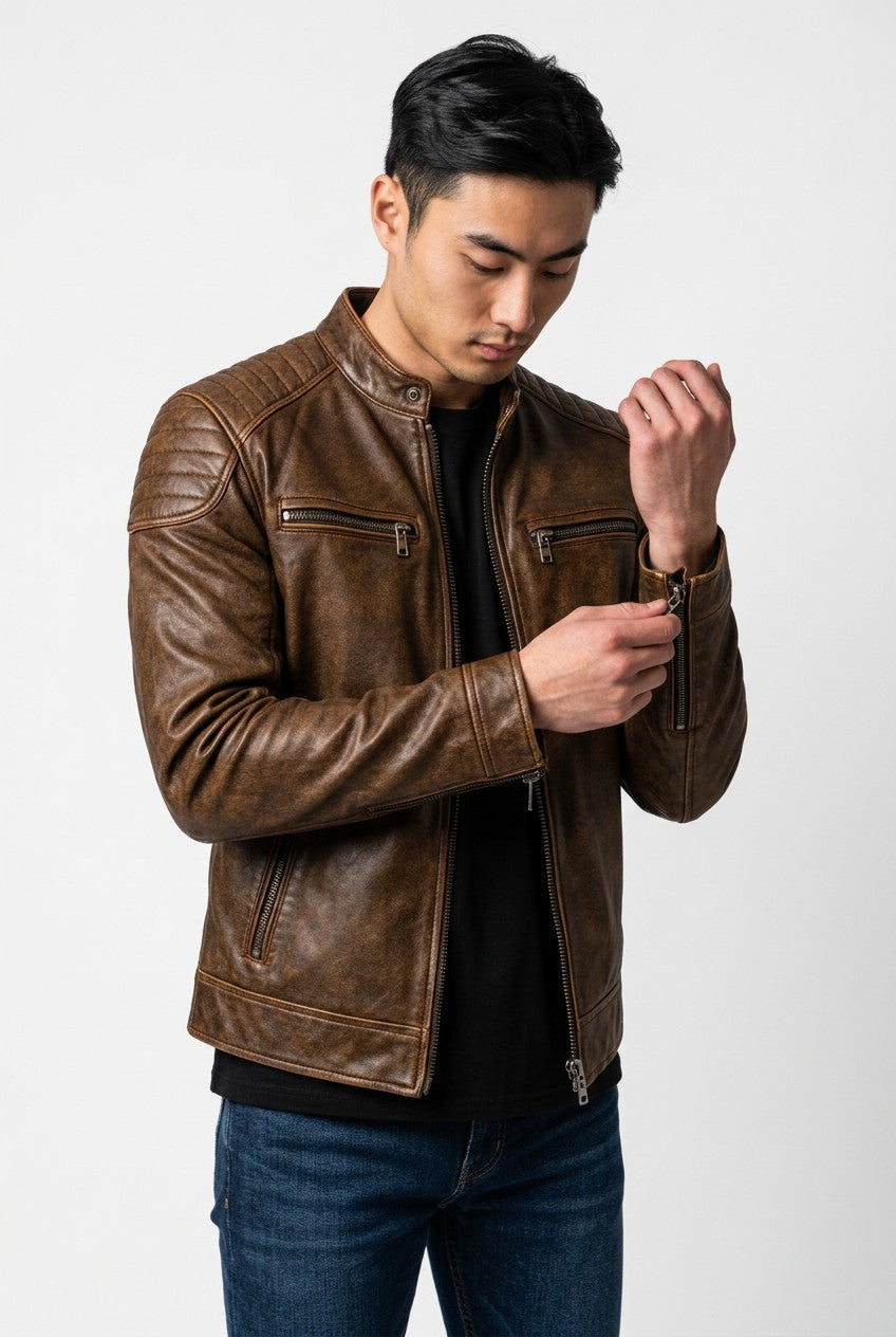 Scarlett Stitch men's distressed brown leather cafe racer jacket with quilted shoulders and zippered cuffs