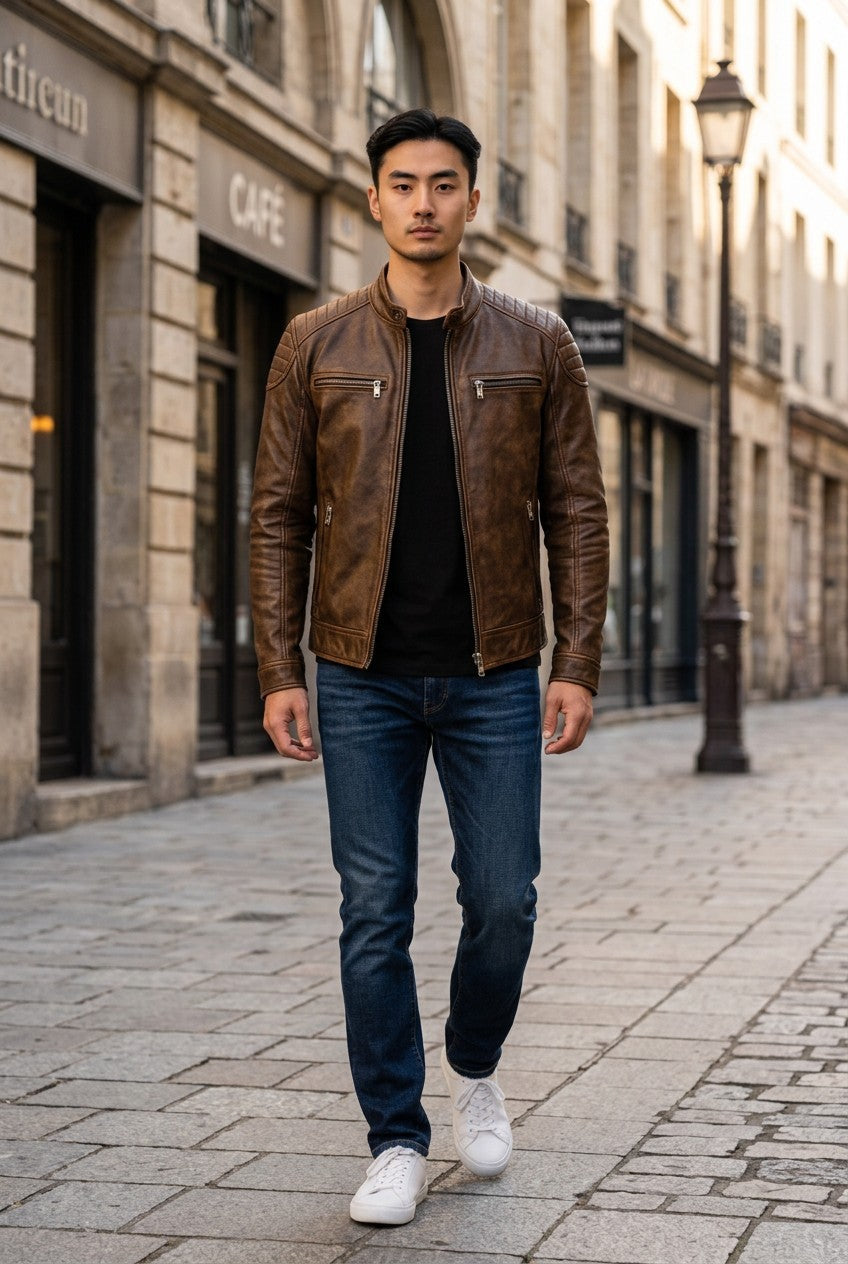Scarlett Stitch men's distressed brown leather cafe racer jacket with quilted shoulders worn on a city street.