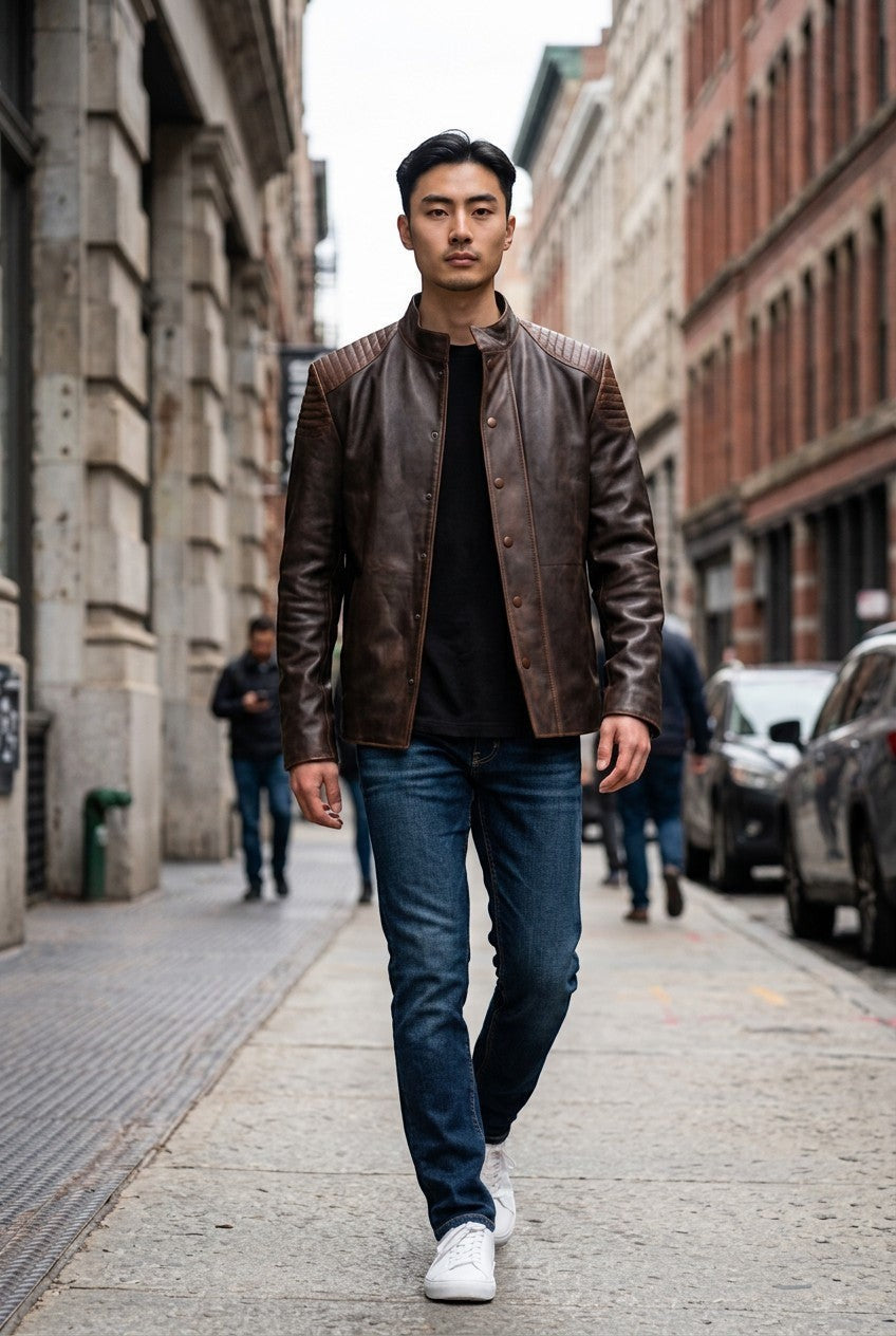 Scarlett Stitch men's distressed brown leather jacket with quilted shoulders and mandarin collar worn on city street.