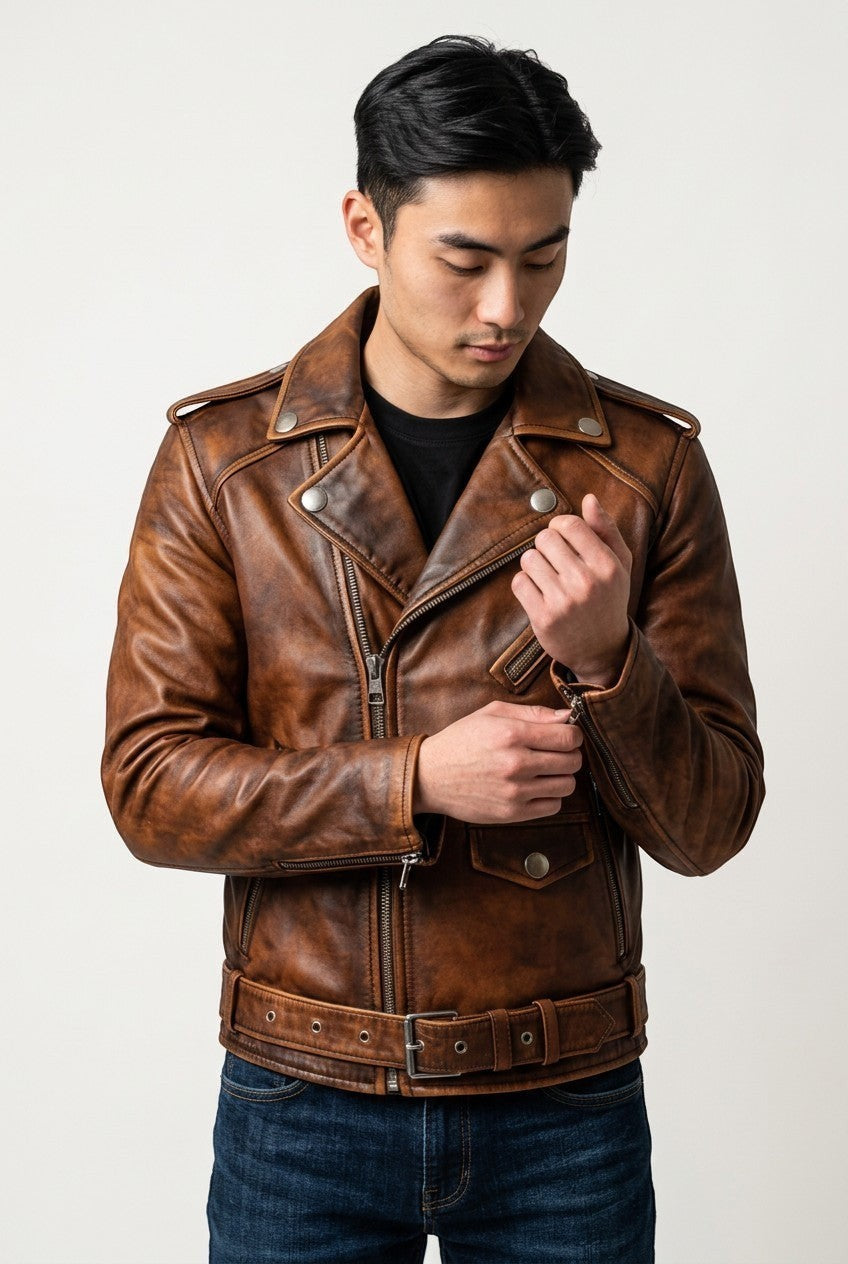 Man wearing a Scarlett Stitch distressed brown leather motorcycle jacket with asymmetrical zip and waist belt.