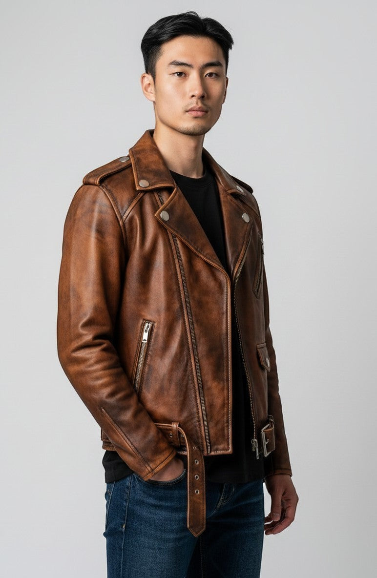 Scarlett Stitch distressed brown leather motorcycle jacket with asymmetrical zip and belt on a male model