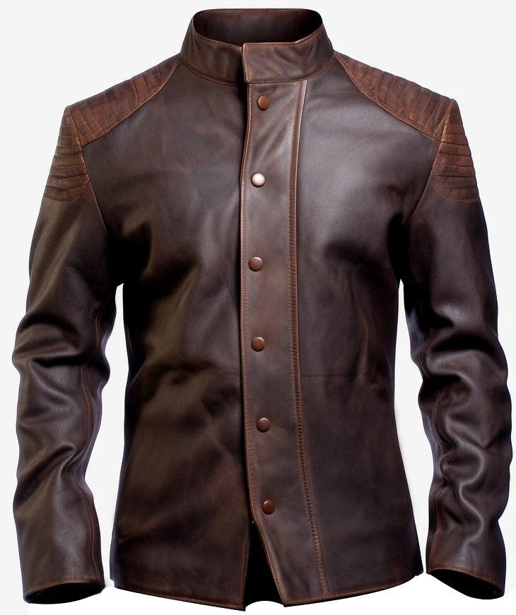 Scarlett Stitch men's distressed brown leather jacket with mandarin collar and quilted shoulder detailing.