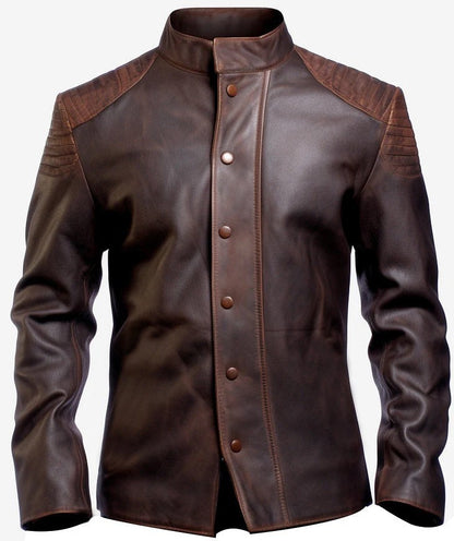 Scarlett Stitch men's distressed brown leather jacket with mandarin collar and quilted shoulder detailing.