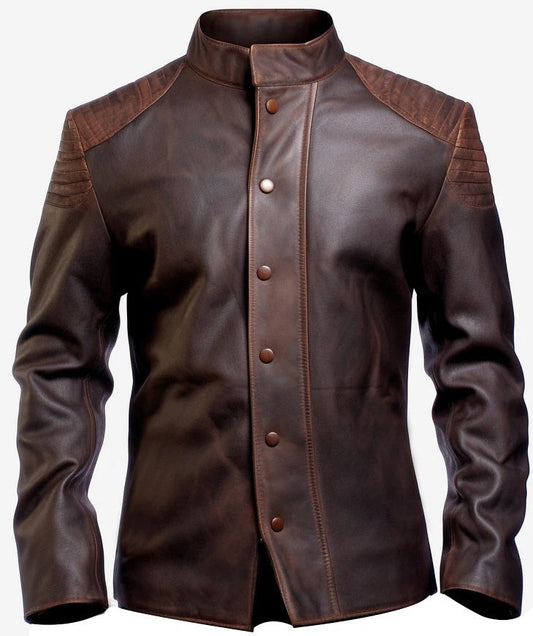 Scarlett Stitch men's distressed brown leather jacket with mandarin collar and quilted shoulder detailing.
