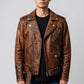 Scarlett Stitch distressed brown leather motorcycle jacket with asymmetrical zip and belt on a male model