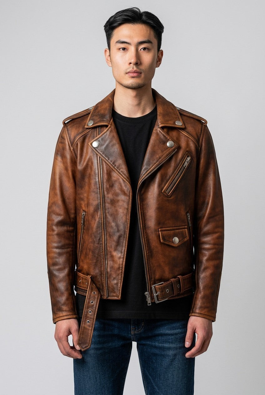 Scarlett Stitch distressed brown leather motorcycle jacket with asymmetrical zip and belt on a male model