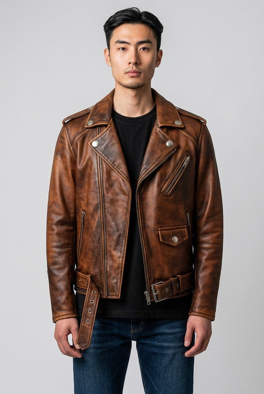 Scarlett Stitch distressed brown leather motorcycle jacket with asymmetrical zip and belt on a male model
