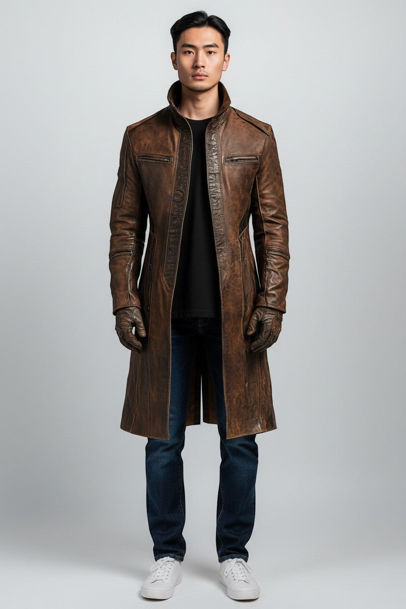 Scarlett Stitch men's distressed brown leather trench coat with high collar and zippered pockets on a male model.
