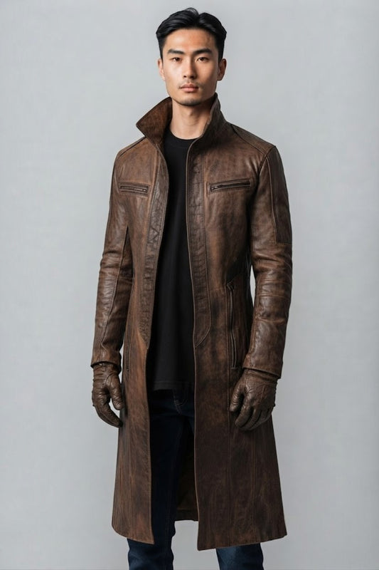 Scarlett Stitch men's distressed brown leather trench coat with a high-neck collar and zippered pockets on a model.
