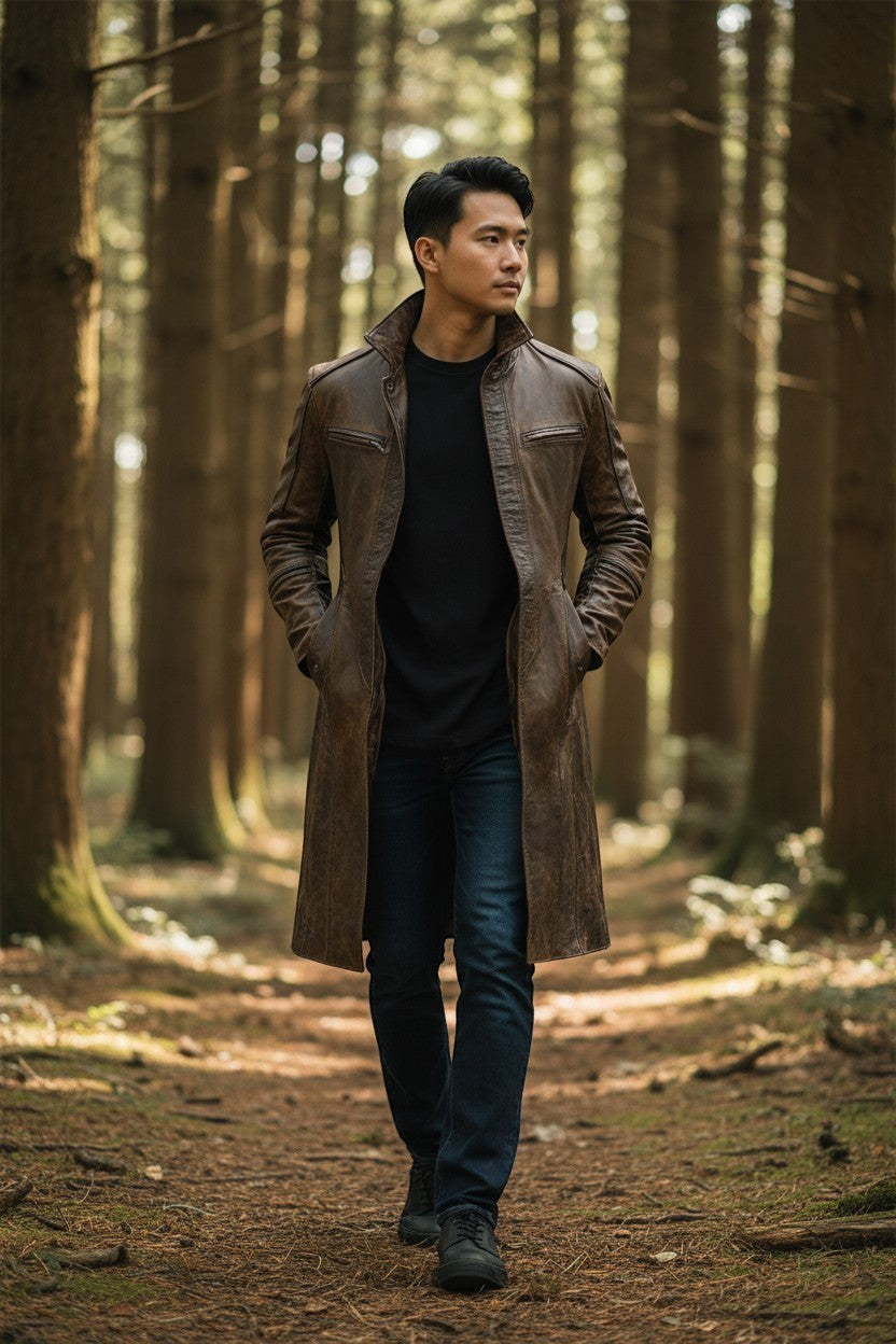 Scarlett Stitch men's distressed brown leather trench coat with high collar worn by a man in a forest setting.