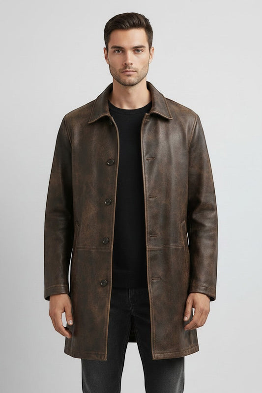 Scarlett Stitch men's distressed brown leather trench coat with a structured collar and button-front closure.