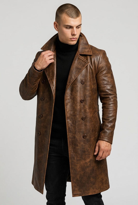 Scarlett Stitch men's distressed brown leather double-breasted trench coat with lapel collar worn by a model