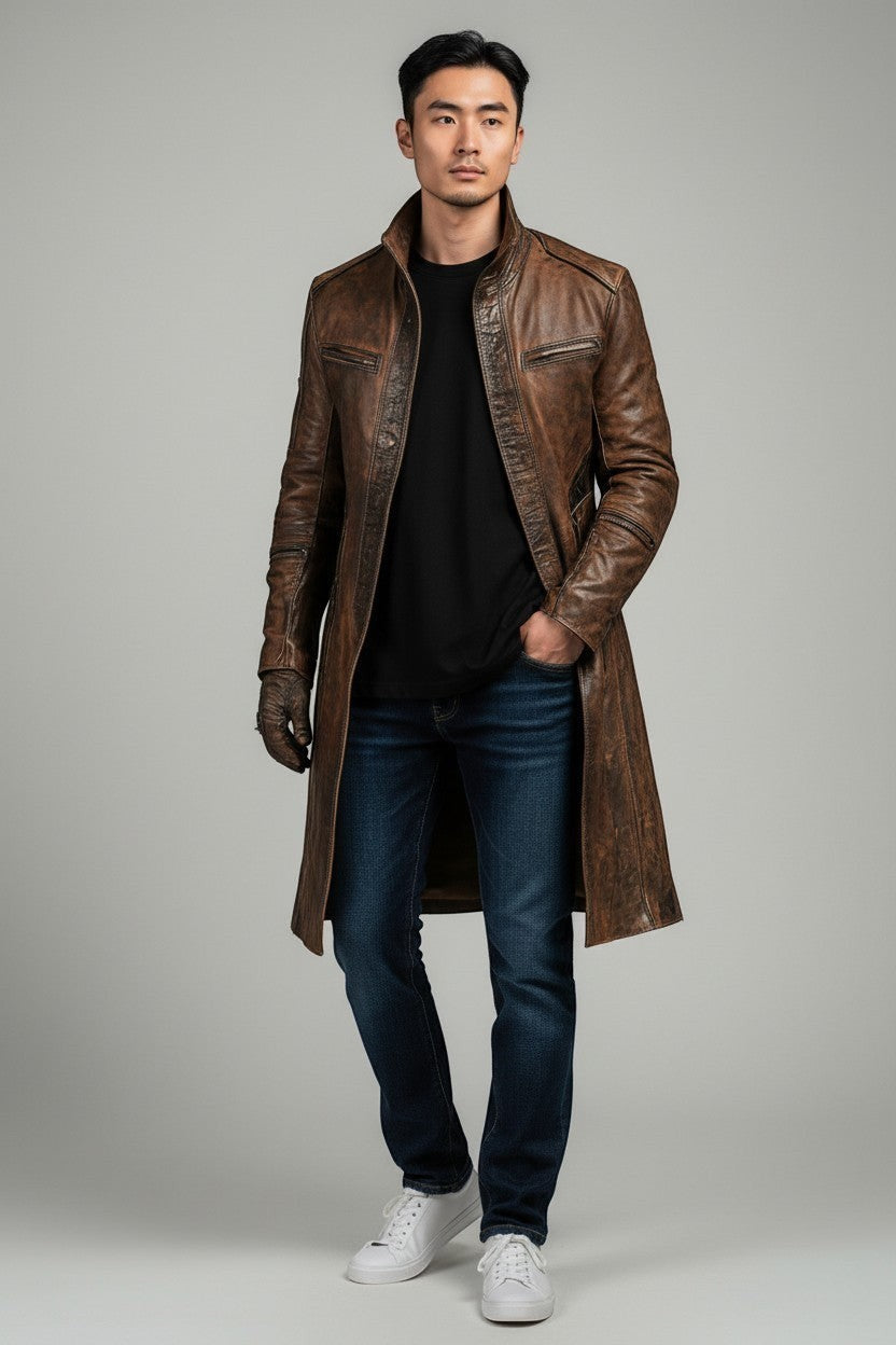 Scarlett Stitch men's distressed brown leather trench coat with zippered pockets worn by a model in jeans and sneakers
