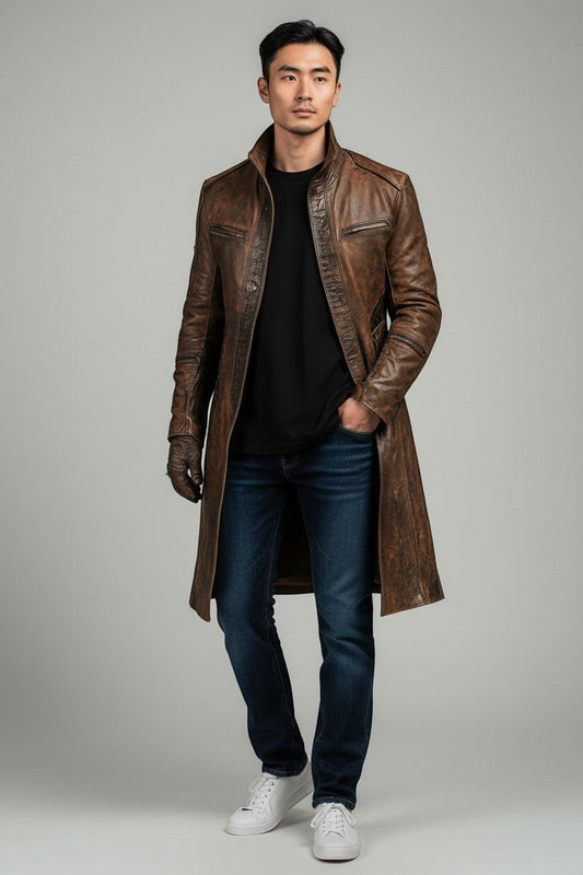 Scarlett Stitch men's distressed brown leather trench coat with zippered pockets worn by a model in jeans and sneakers