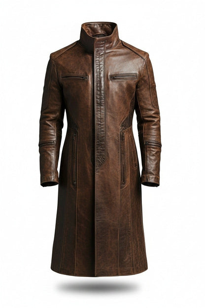 Scarlett Stitch men's distressed brown leather trench coat with a high-neck collar and zippered pockets.