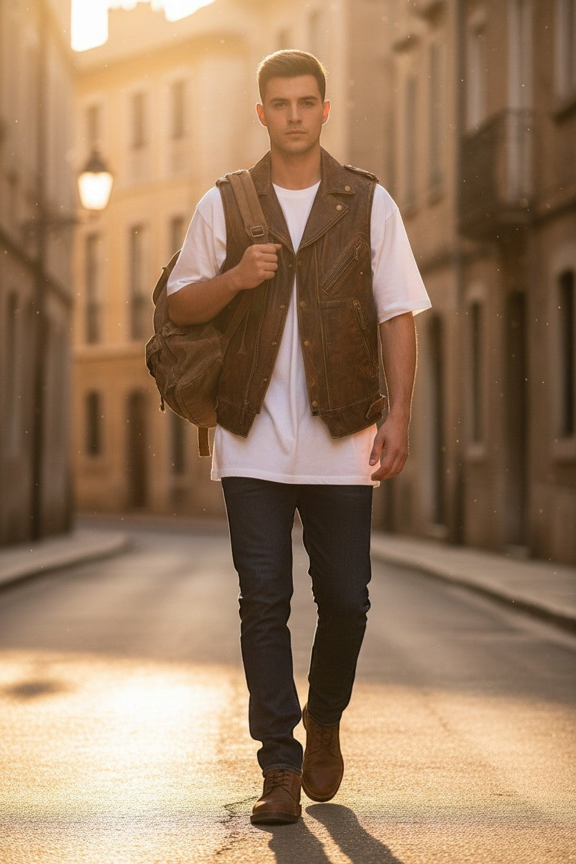 Man wearing a Scarlett Stitch brown distressed leather biker vest over a white t-shirt on a sunlit city street.