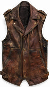 Scarlett Stitch brown distressed leather biker vest with snap buttons, zip pockets, and vintage-inspired finish.