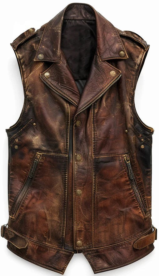 Scarlett Stitch brown distressed leather biker vest with snap buttons, zip pockets, and vintage-inspired finish.
