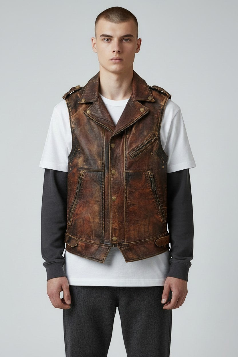 Model wearing a brown Scarlett Stitch distressed leather biker vest with zip pockets and snap-button closures.