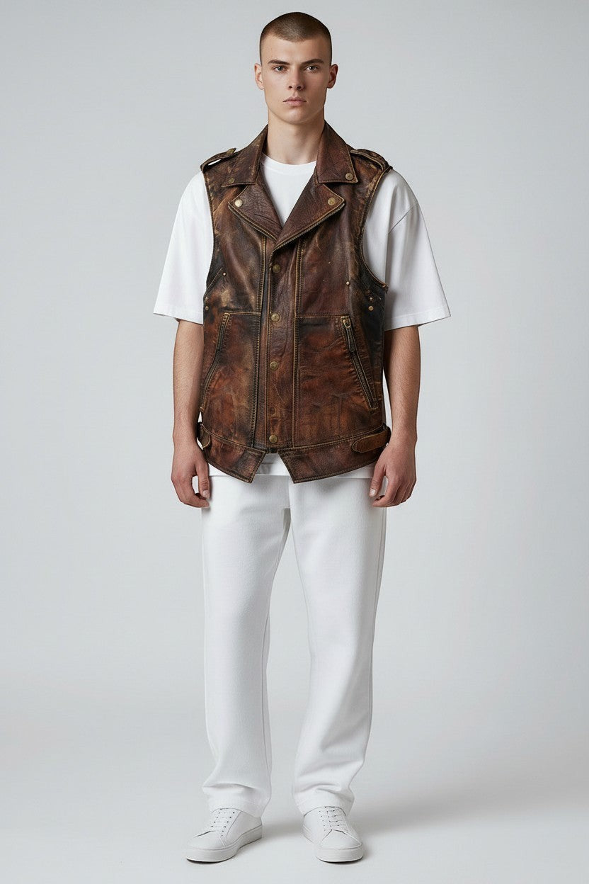 Model wearing a Scarlett Stitch brown distressed leather biker vest with snap buttons over a white t-shirt and pants.