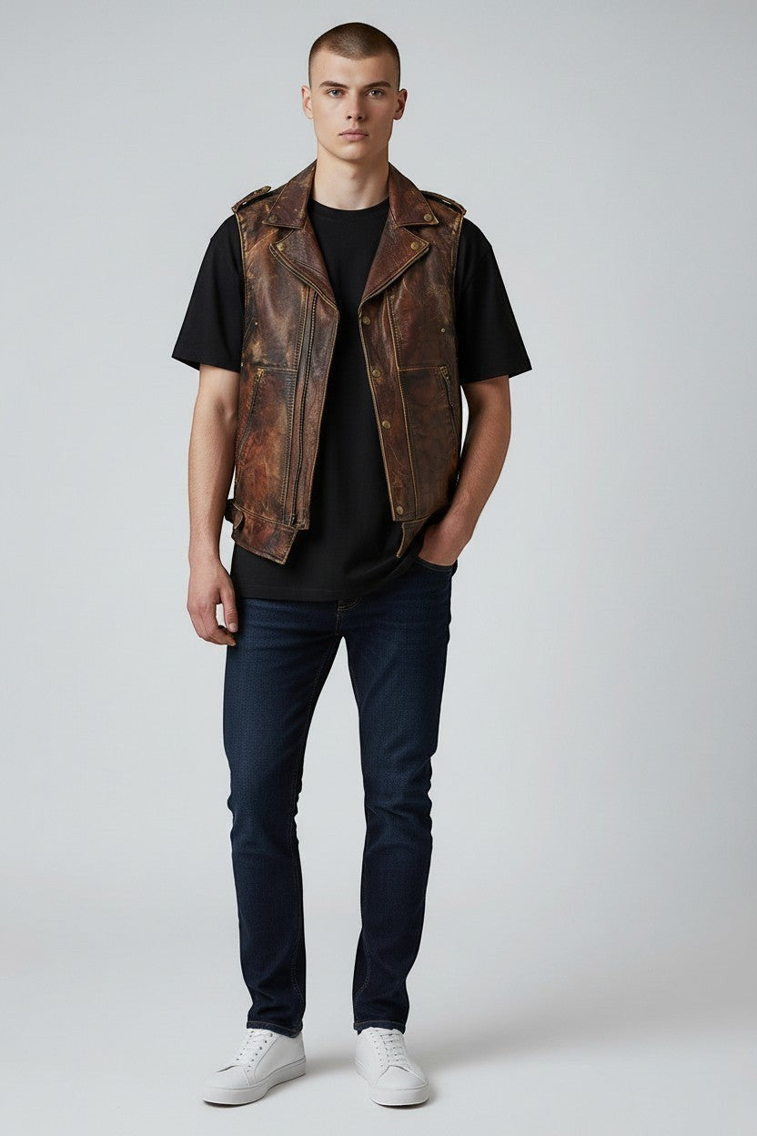 Model wearing a Scarlett Stitch brown distressed leather biker vest with snap buttons and zip pockets over a black tee.