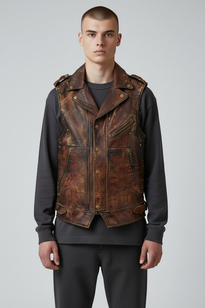Model wearing a brown Scarlett Stitch distressed leather biker vest with snap buttons and zippered pockets.