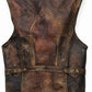 Scarlett Stitch brown distressed leather biker vest with vintage finish, structured collar, and snap-button details.