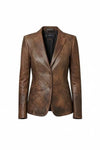 Scarlett Stitch tailored brown distressed leather blazer with notched lapels and two-button front closure.
