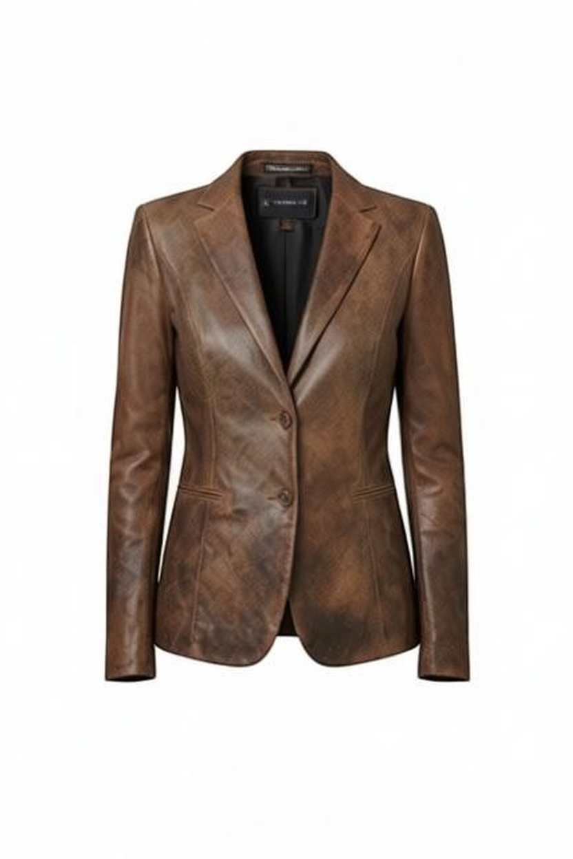 Scarlett Stitch tailored brown distressed leather blazer with notched lapels and two-button front closure.