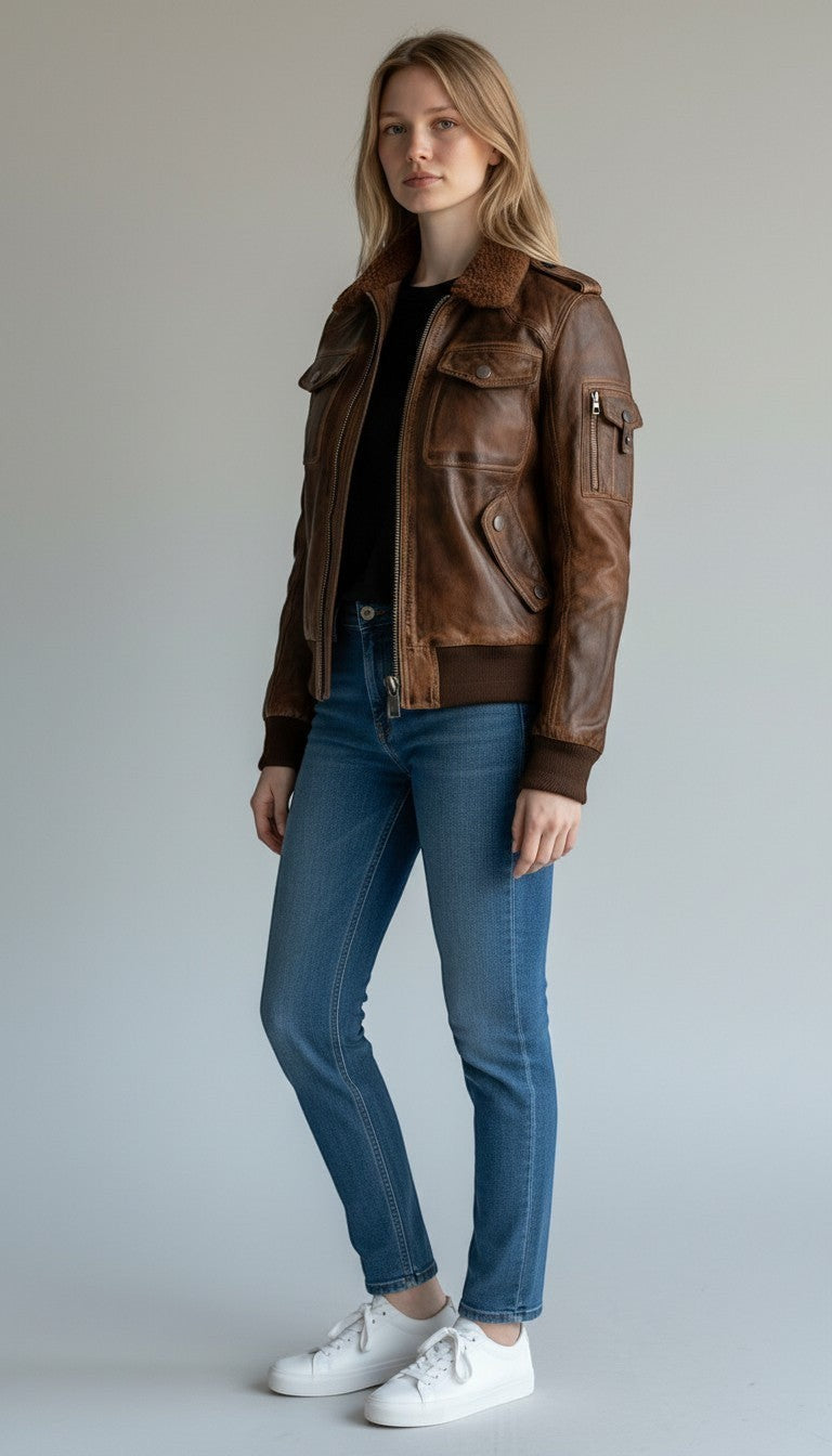 Scarlett Stitch women's distressed brown leather bomber jacket with sherpa collar and zip front.