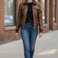 Scarlett Stitch women's distressed brown leather bomber jacket with fur collar, zip front, and utility pockets.