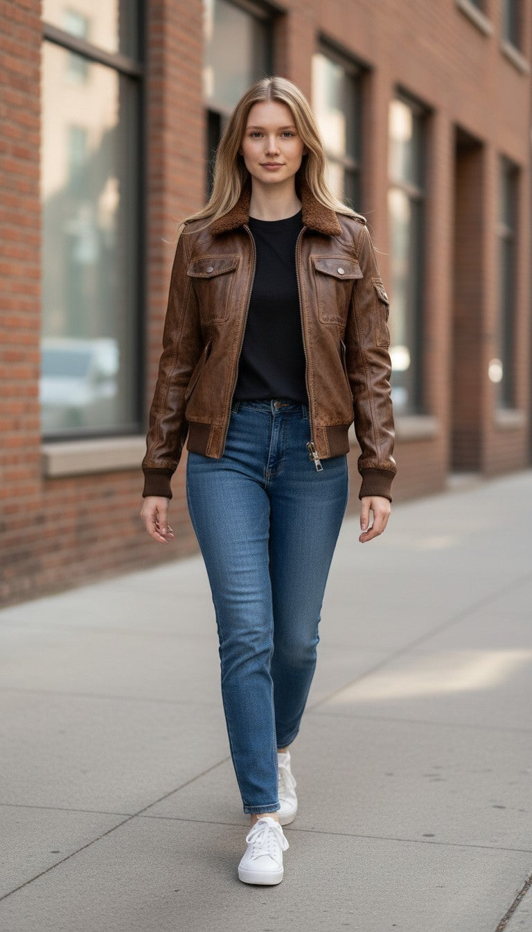 Scarlett Stitch women's distressed brown leather bomber jacket with fur collar, zip front, and utility pockets.