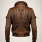 Scarlett Stitch distressed brown leather bomber jacket with fur collar and epaulet details.