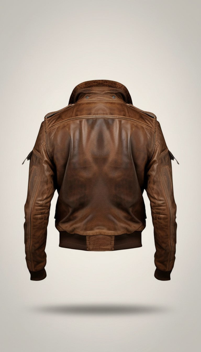 Scarlett Stitch distressed brown leather bomber jacket with fur collar and epaulet details.