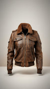 Scarlett Stitch women's distressed brown leather bomber jacket with sherpa collar, zip front, chest pockets, and utility sleeve pocket.