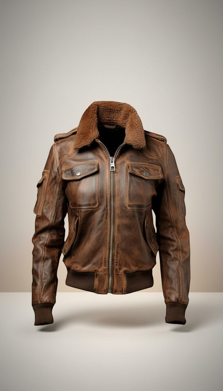 Scarlett Stitch women's distressed brown leather bomber jacket with sherpa collar, zip front, chest pockets, and utility sleeve pocket.