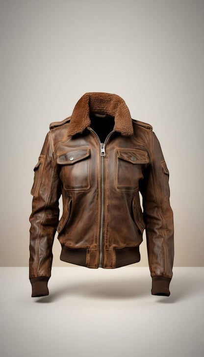 Scarlett Stitch women's distressed brown leather bomber jacket with sherpa collar, zip front, chest pockets, and utility sleeve pocket.