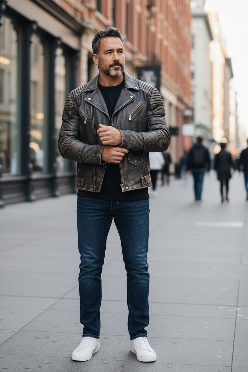 Scarlett Stitch Men's distressed black leather motorcycle jacket with ribbed detailing and zippered pockets.