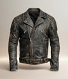 Scarlett Stitch Men's distressed black faux leather motorcycle jacket with zippered pockets and belt.