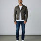 Scarlett Stitch Men's distressed brown and black genuine leather motorcycle jacket with zippered pockets and belt.