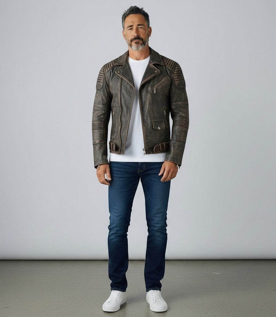 Scarlett Stitch Men's distressed brown and black genuine leather motorcycle jacket with zippered pockets and belt.