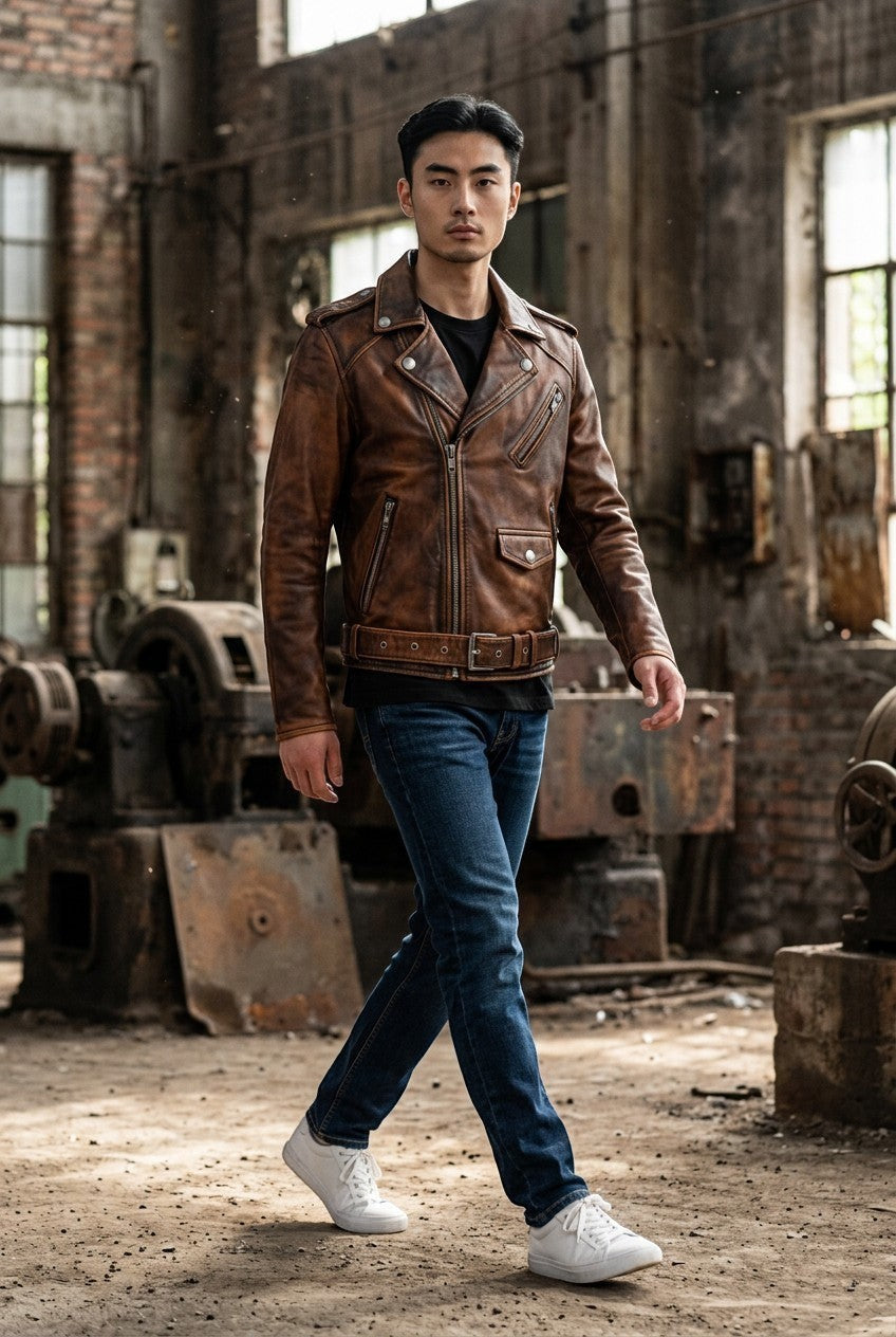 Scarlett Stitch distressed brown leather motorcycle jacket with asymmetrical zip, worn by a man in an industrial space.