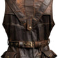 Scarlett Stitch brown distressed leather utility vest with back pockets, adjustable waist belt, and antique hardware.