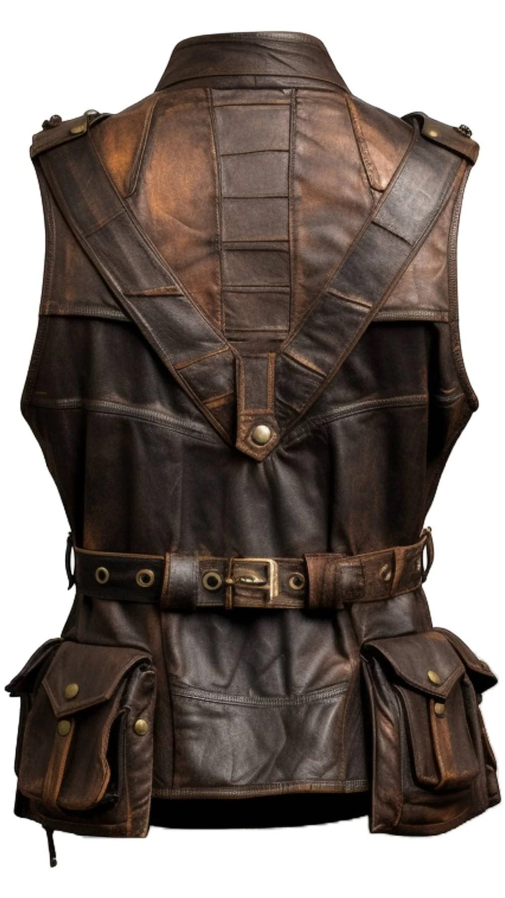 Scarlett Stitch brown distressed leather utility vest with back pockets, adjustable waist belt, and antique hardware.