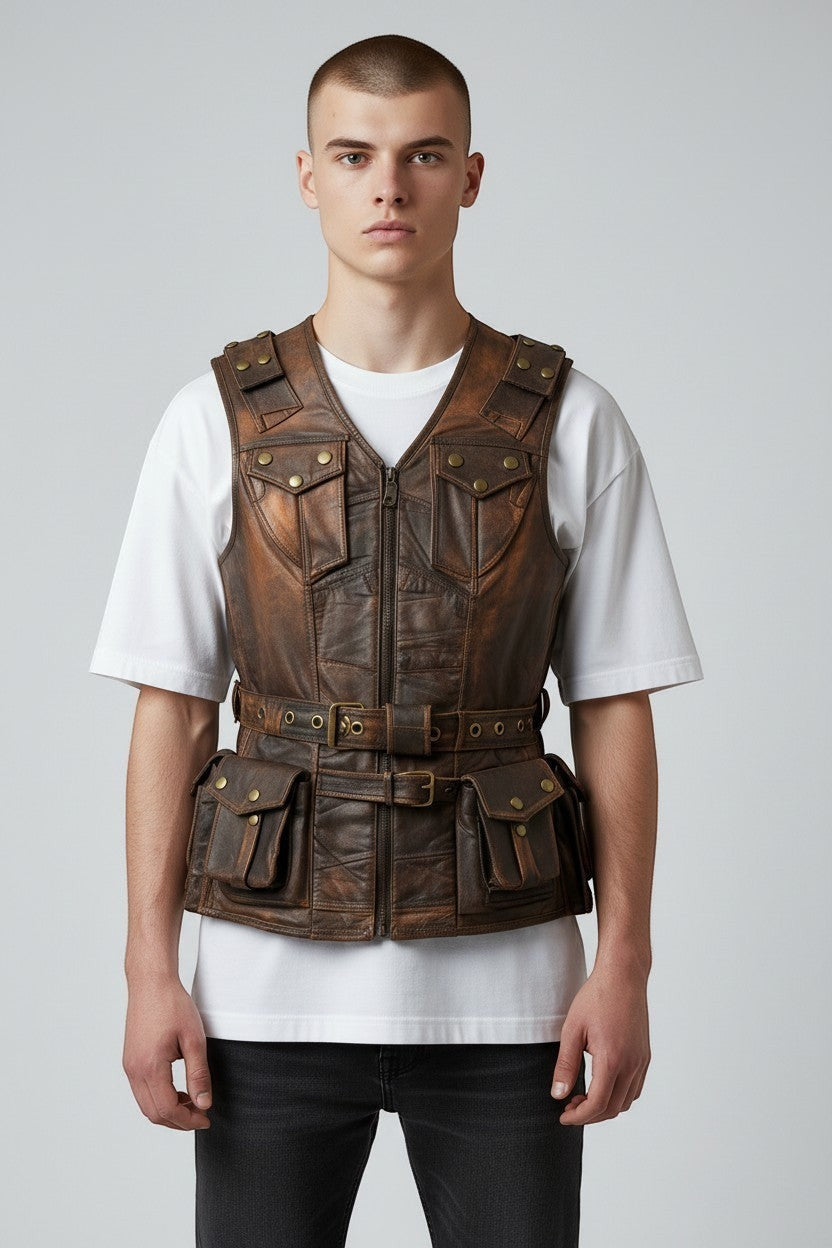 Scarlett Stitch brown distressed leather utility vest with multiple snap pockets and adjustable waist belt on a model.