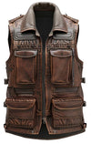Scarlett Stitch brown distressed leather utility vest with multiple pockets, zip closure, and rugged vintage finish.